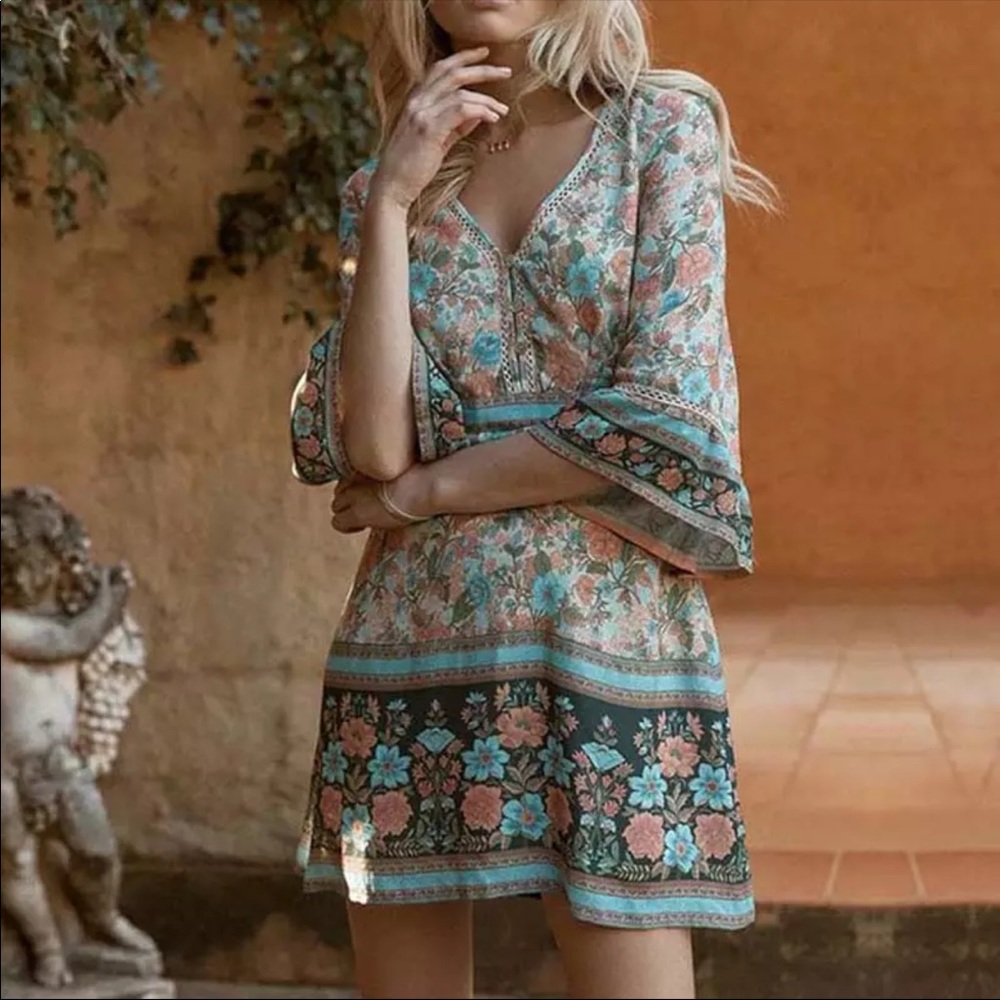 Kimono Sleeve Boho Floral Gypsy Print Dress V Neck - Picture 1 of 4
